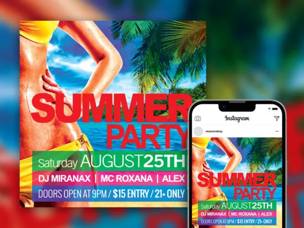 Hot Tropical Bold Summer Beach Club Party Instagram Post Template 1
