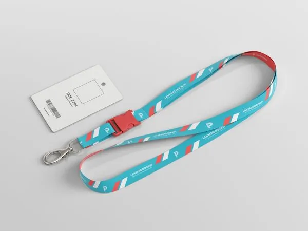 ID Card Lanyard Laid on the Surface in Overhead View Mockup 1