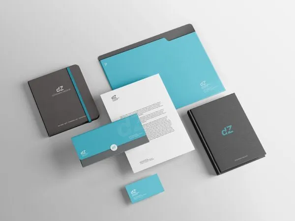 Identity Branding Mockup in Perspective Featuring Notebooks and Business Card 1