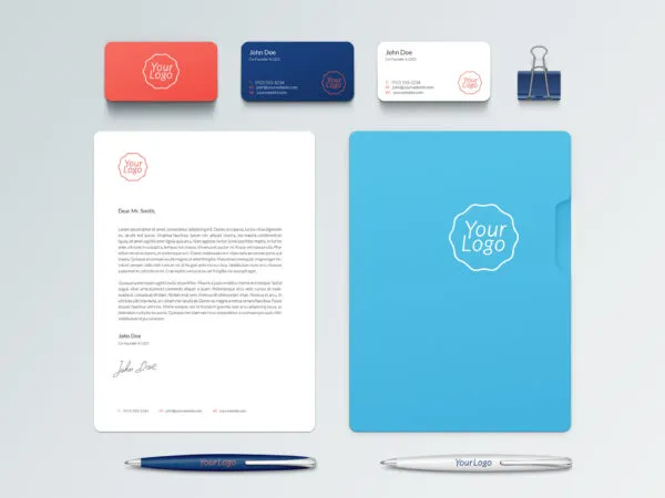 Identity Stationery Mockup Including 3 Business Cards Letterhead and Pens 1