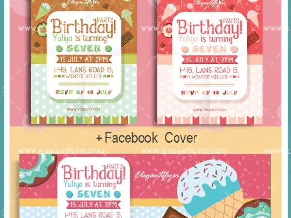 Illustrated Birthday Party Flyer and Facebook Cover Template 1