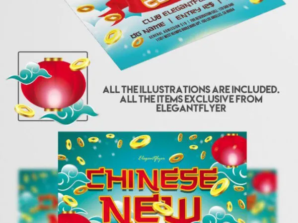 Illustrated Blue Chinese New Year Flyer Template 1