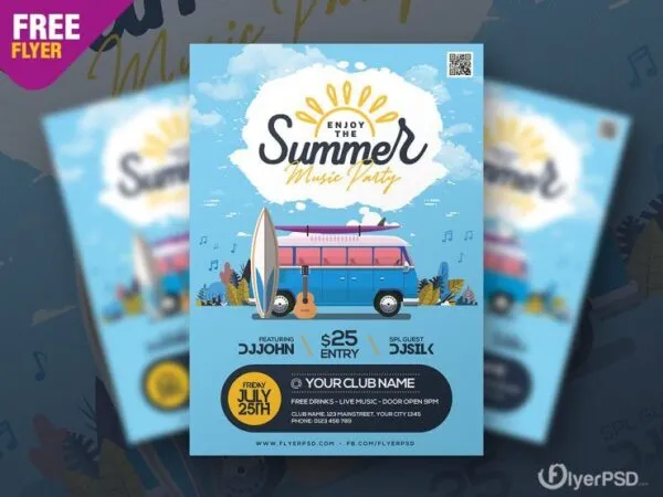 Illustrated Blue Summer Party Flyer Template 1