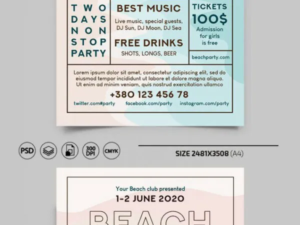 Illustrated Flat Beach Party Flyer Along with Instagram Banner Templates 1
