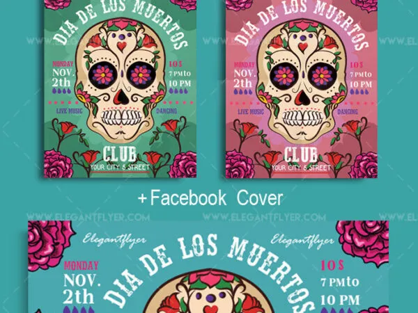 Illustrated Floral Dia de Muertos Flyer Template and Facebook Cover 1