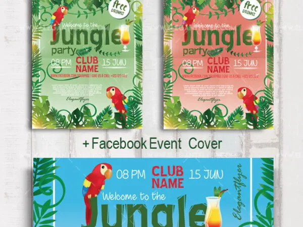 Illustrated Jungle Party Flyer and Facebook Cover Template 1