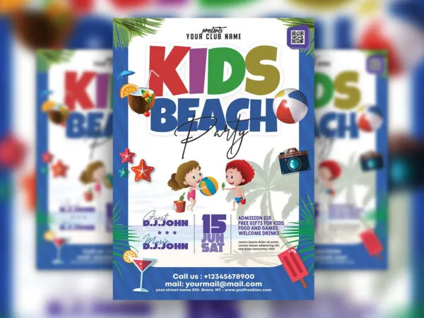 Illustrated Kids Beach Party Flyer Template 1