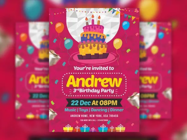 Illustrated Pink Birthday Party Flyer Template 1