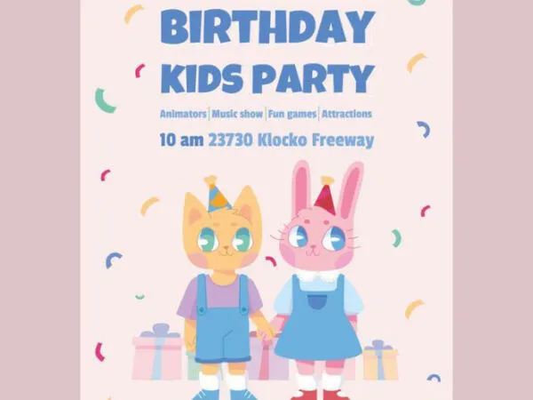 Illustrated Playful Cute Rabbit and Little Cat Birthday Flyer Template 1