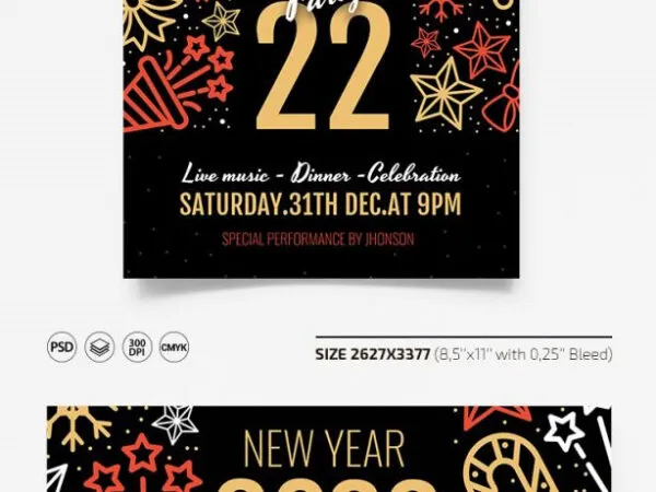 Illustrated Playful New Year Party Flyer and Facebook Cover Templates 1