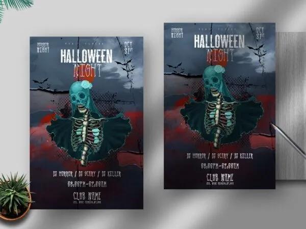 Illustrated Skeletal Halloween Party Flyer Template 1