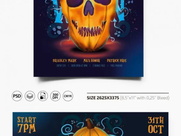 Illustrated Skeletal Halloween Party Flyer and Facebook Cover Templates 1