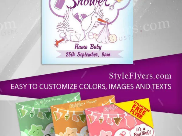 Illustrated Stork and Star Baby Shower Flyer Template 1