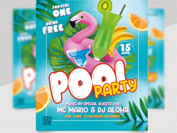 Illustrated Tropical Pool Party Flyer Template 1