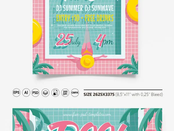 Illustrated Tropical Pool Party Flyer and Facebook Templates 1