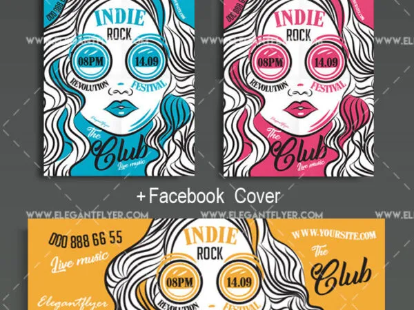 Illustrated Yellow Indie Rock Flyer and Facebook Cover Template 1
