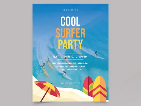Illustrative Beach Surfer Party Flyer Template 1
