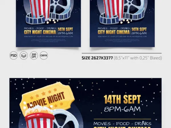 Illustrative Popcorn Movie Night Flyer and Facebook Cover Template 1