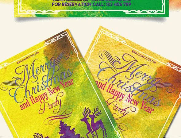 Illustrative Reindeers Christmas Party Flyer and Facebook Cover Template 1