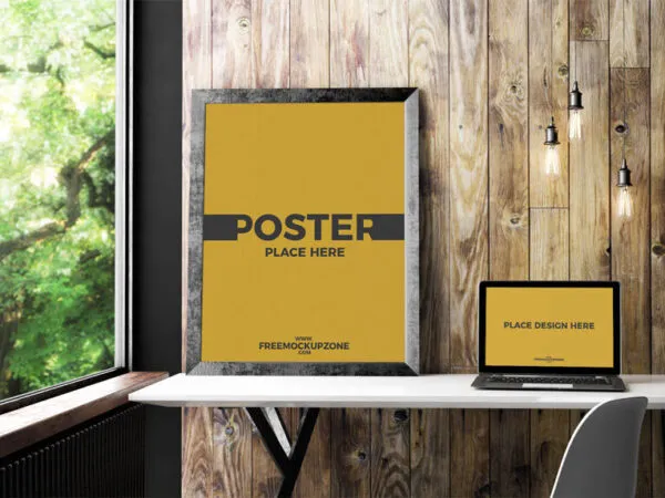 Indoor Mockup Featuring Photo Frame and Laptop with Front View 1