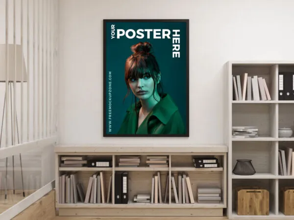 Interior Poster Hanging Over Bookshelves Mockup 1