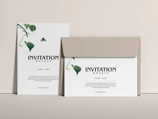 Invitation Card and Envelope leaning Against a Wall Mockup 1