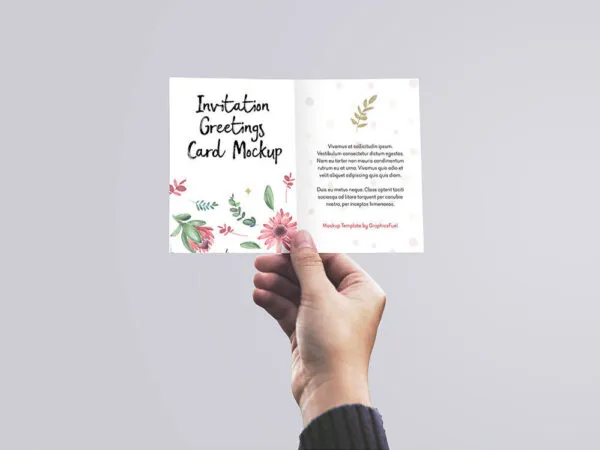 Invitation Greeting Card Grabbed by Hand Front View Mockup 1