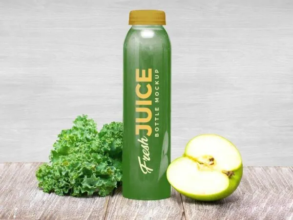 Juice Bottle Mockup Including Lettuce and Apple Half 1