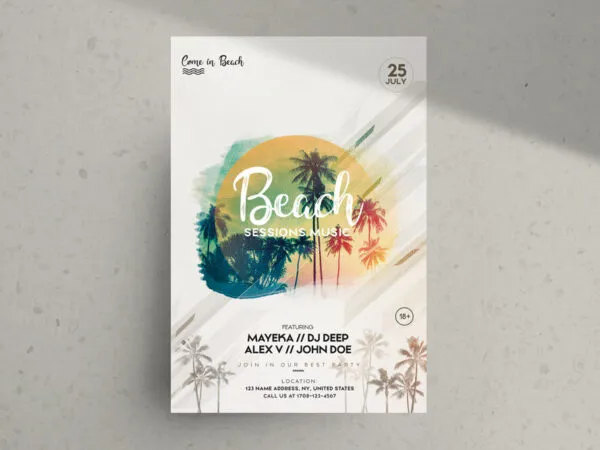 Khaki Watercolor Tropical Summer Party Flyer Template 1