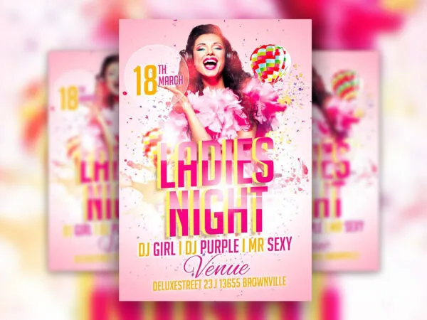 Ladies Night Flyer Template Featuring Confetti in Pink Theme 1