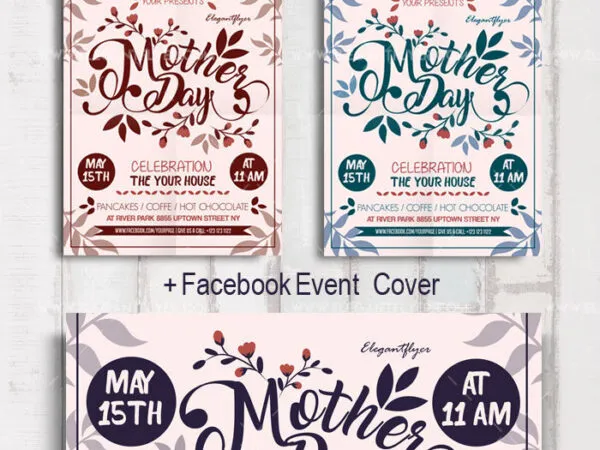 Leafy Illustrative Mother Day Flyer and Facebook Cover Template 1