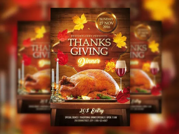 Leafy Modern Thanksgiving Dinner Flyer Template 1