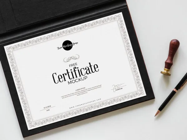 Leather Certificate Next to Pen and Wax Seal Stamp Mockup 1