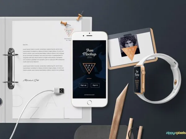 Letterhead Mockup From Top View Including Cellphone and Watch 1