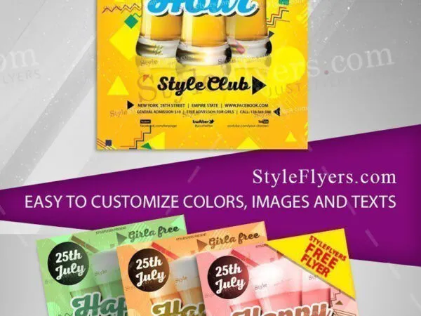 Lines Geometric Playful Happy Hour Party Flyer Template 1