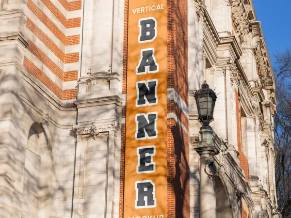 Long Vertical Banner on Wall Mockup 1