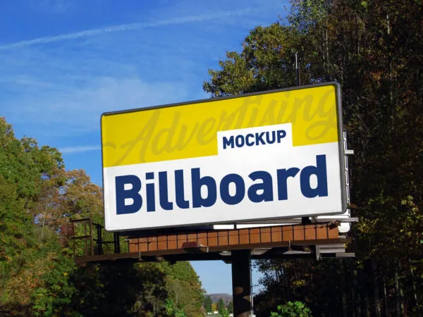 Low Angel View Horizontal Advertising Billboard in Forest Mockup 1