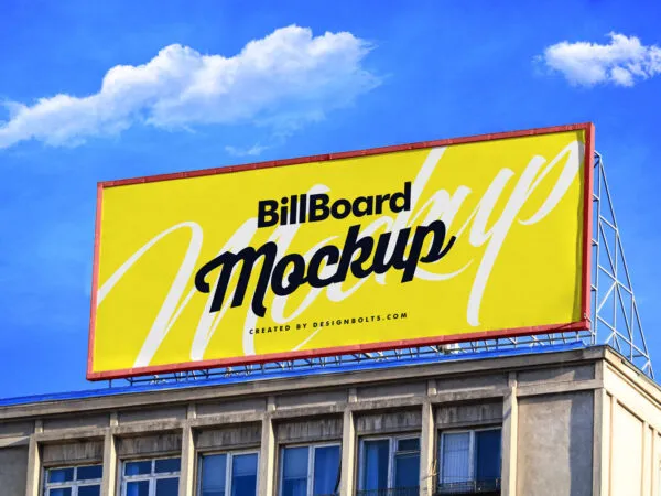 Low Angel View Horizontal Billboard on Building Roof Top Mockup 1