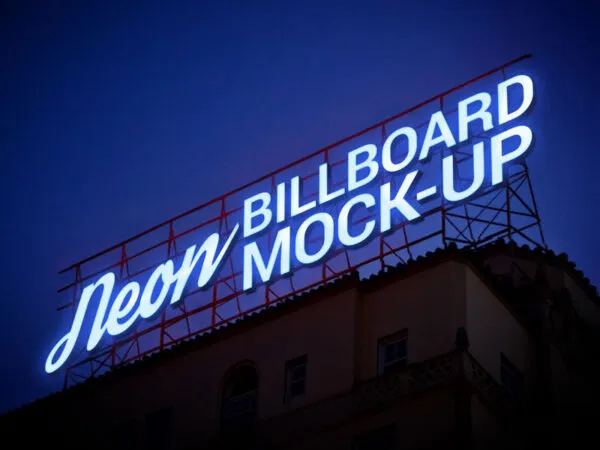 Low Angel View Rooftop Neon Sign Billboard at Night Mockup Text Effect 1