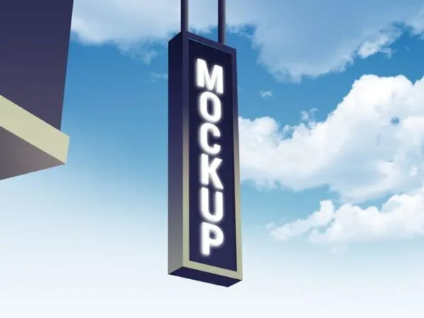 Low Angel View Vertical Drop Down Backlit Shop Signage Mockup 1