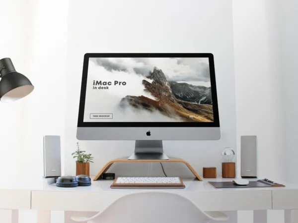 Low Angle Shot of an iMac Pro on Desk Mockup 1