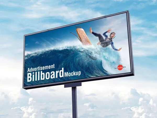 Low Angle View Horizontal Metal Pole Advertisement Billboard Mockup 1