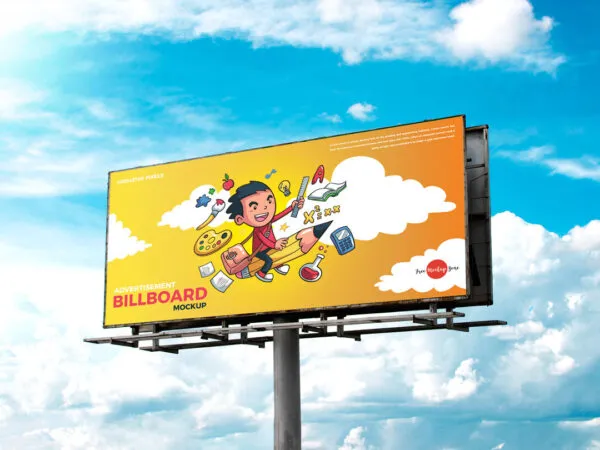 Low Angle View Horizontal Metal Pole Advertisement Billboard Outdoor Mockup 1