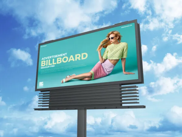 Low Angle View Horizontal Metal Pole Advertising Billboard Mockup 1