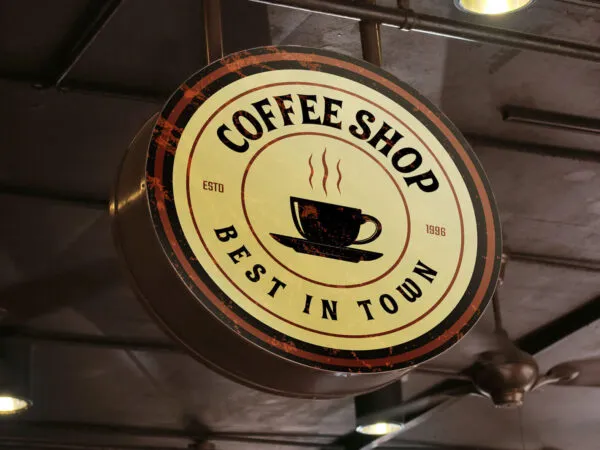 Low Angle View Rustic Round Cafe Signboard Mockup 1