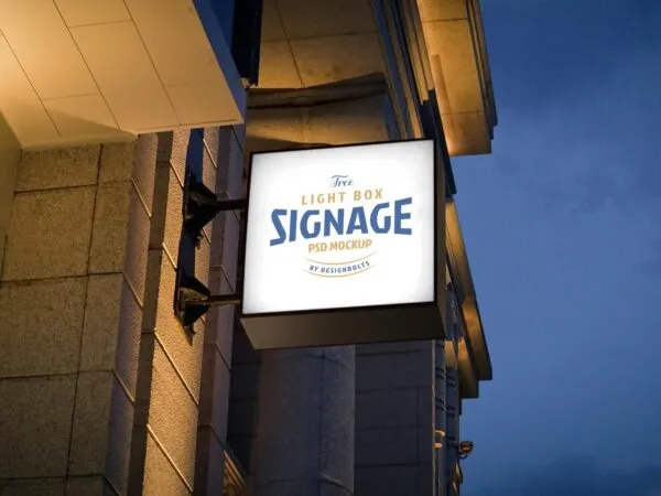 Low Angle View Square Wall Mounted Sign Lightbox Mockup 1