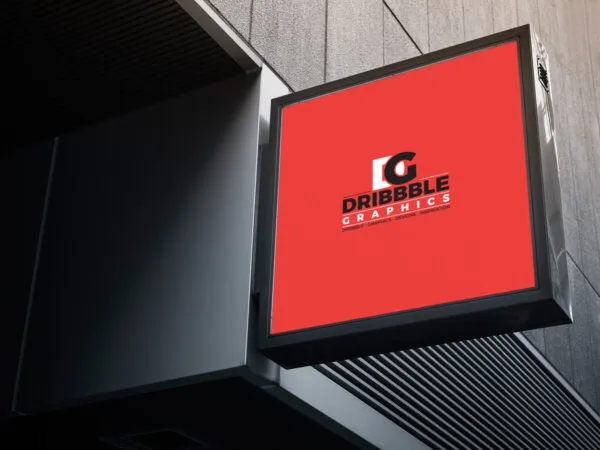 Low Angle View Stick out Signboard Mockup Outside Shop 1