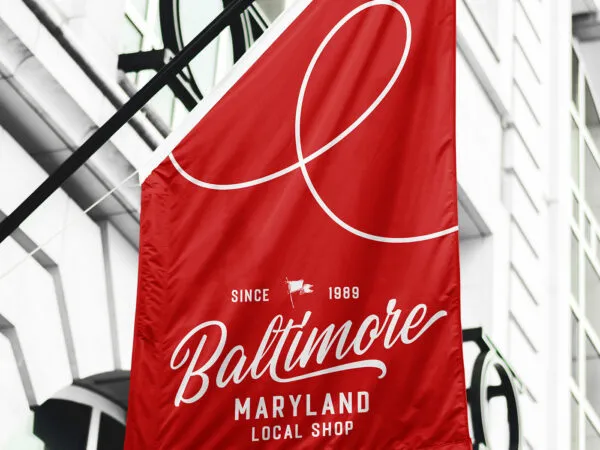 Low Angle View of Asymmetrical Flag Mockup on Pole 1