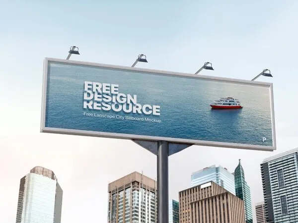 Low angle Shot Horizontal Billboard Mockup Featuring City Buildings 1