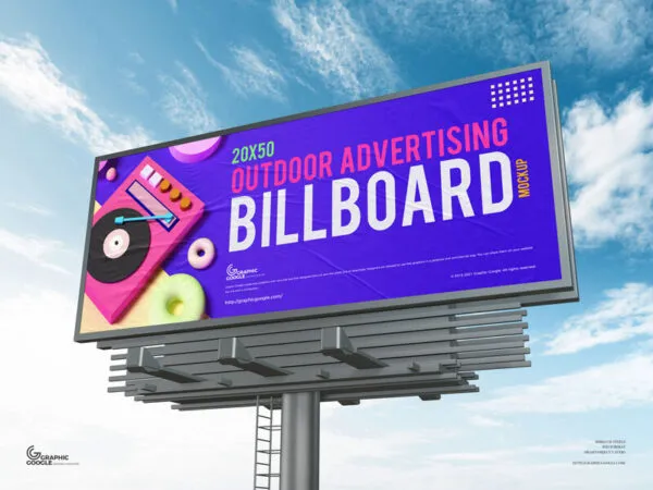 Low angle View Outdoor Horizontal Advertising Billboard Against Sky Mockup 1